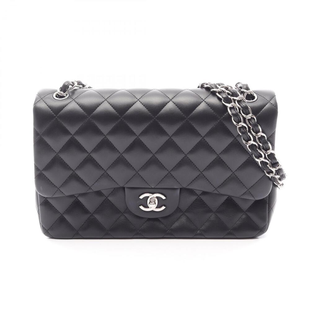 Chanel Matelasse Double Flap Shoulder Bag Lambskin Sheepskin Black
